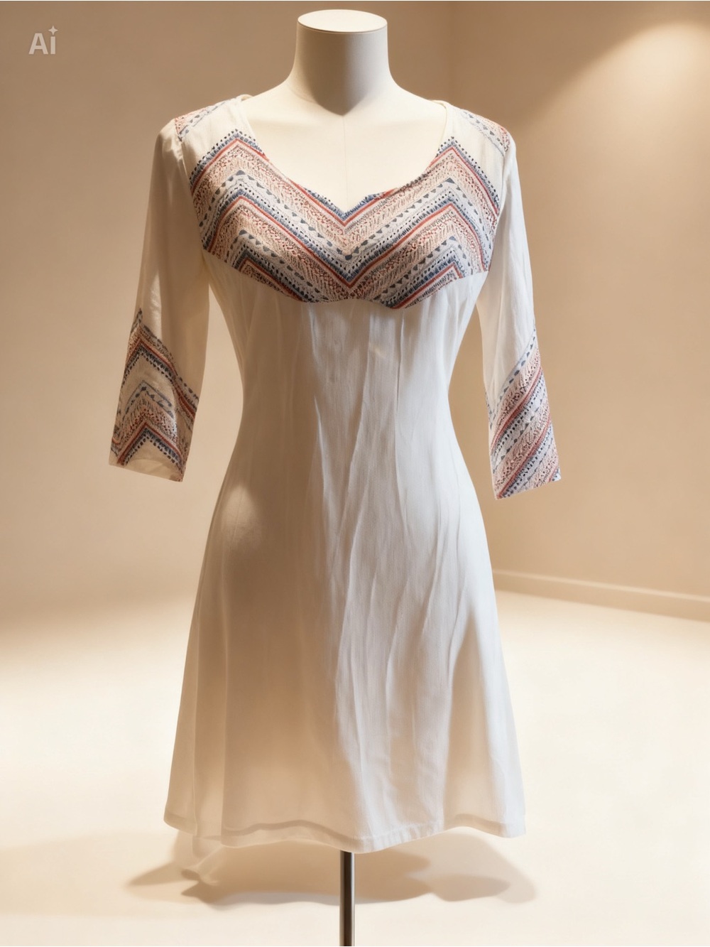 Ivory Embroidered Yoke Tunic Top - Unknown Brand